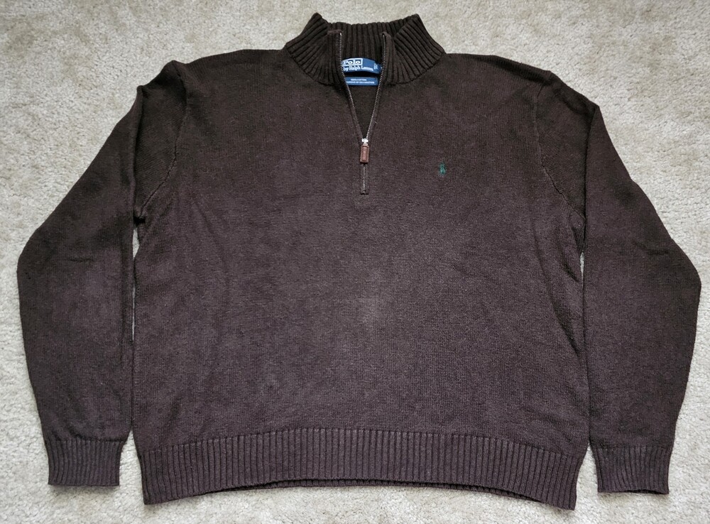 Polo Ralph Lauren Men's XXL Brown 100% Cotton Quarter Zip Sweater Pony Logo